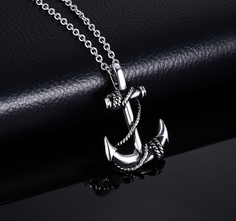 Silver Necklace Stainless Steel Pirate Pendant with 22 inch Chain Caribbean Anchor Gift