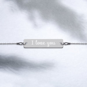 jewelry box -- I Love You -- Engraved sterling silver pendant Bar Chain Bracelet